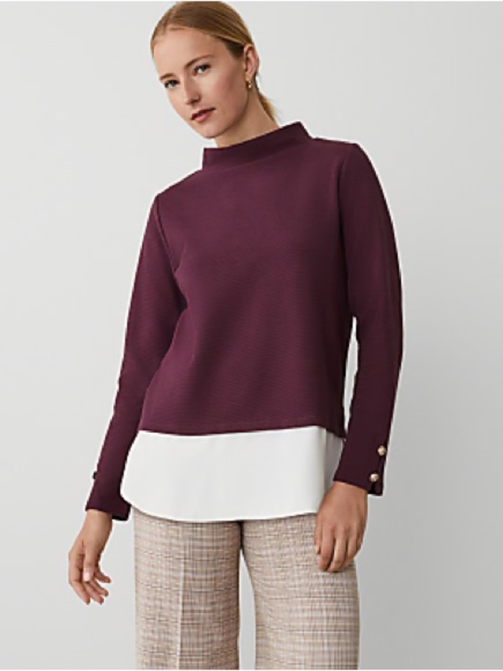 Ann Taylor Burgundy Mock Neck Layered Shirttail Top Large Gold Buttons